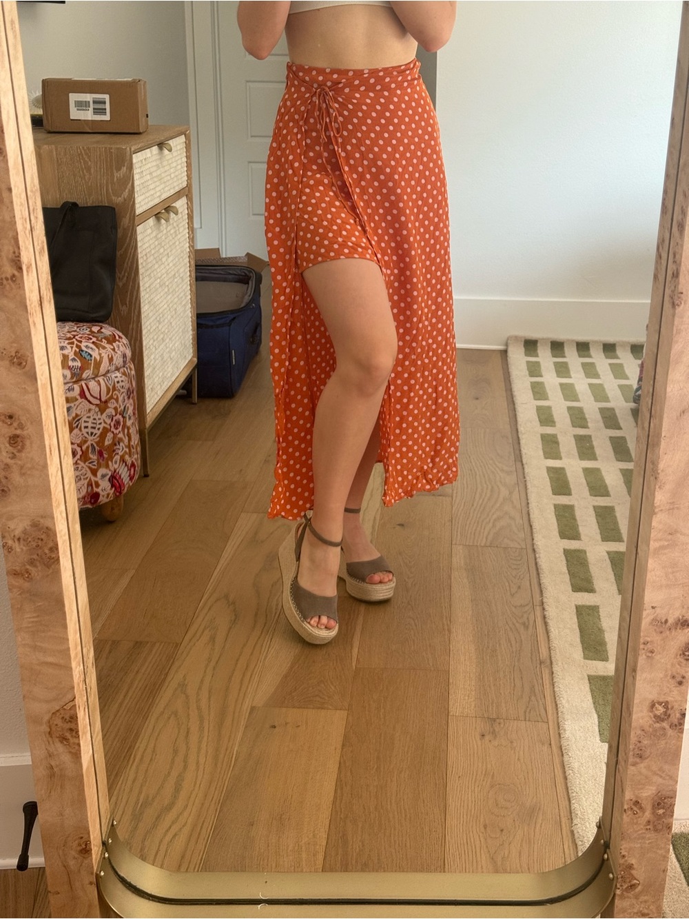 Mango Orange Polka Dot High-Low Wrap Skirt